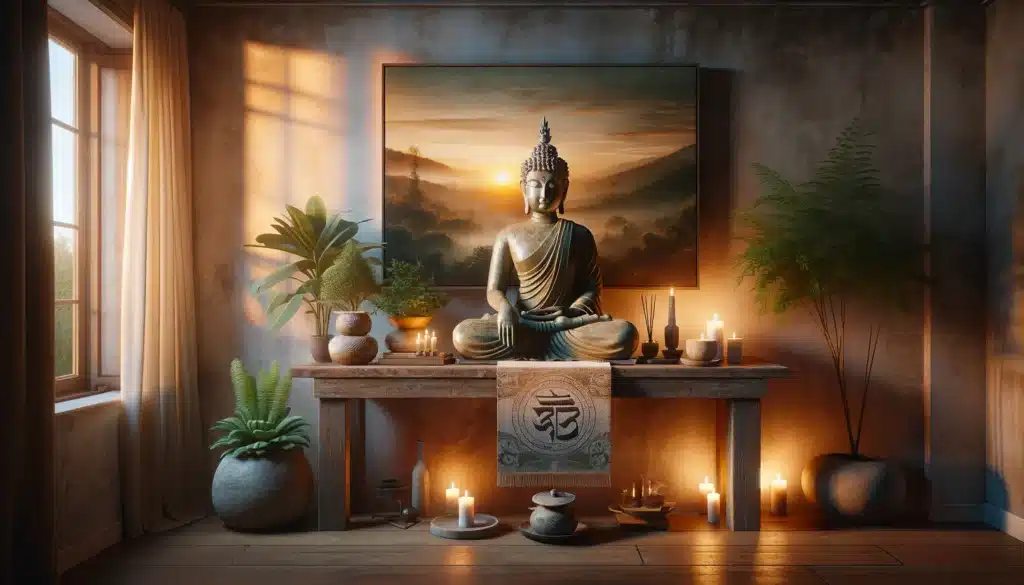 The image depicts a serene indoor setting at dusk, focused on tranquility and mindfulness. A Buddha statue sits in meditation, centered against a backdrop of a misty, forested mountain at sunset. The room is warmly lit, with candles enhancing the peaceful ambiance. Earthy tones dominate the space, complemented by textured walls, wooden floors, and a mix of potted plants that add a touch of greenery. A symbol, possibly representing 'Om', hangs on the wall, adding a spiritual dimension to the room. The arrangement of the space and the natural elements work together to evoke a sense of calm and introspection.