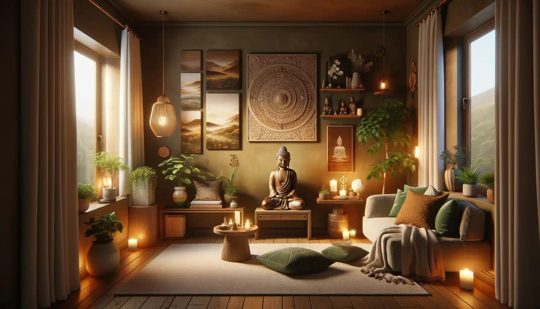 Cozy room with warm ambient lighting, featuring a small wooden Buddha statue on a side table, surrounded by candles and potted plants. Buddha-themed artwork decorates the walls, and a comfortable seating area with cushions and blankets invites relaxation.