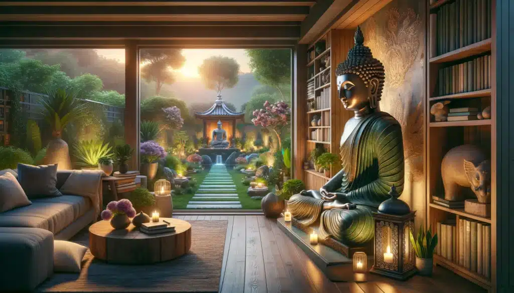 The image features distinct scenes: a Buddha statue on a bookshelf surrounded by spiritual texts in a home office with ambient lighting; a majestic Buddha statue in a lush garden with flowering plants and a tranquil water feature; a Buddha statue on a windowsill, bathed in the warm light of dawn, overlooking a garden; and Buddha statues placed in a living room on a decorative stand and on a patio amidst potted plants and hanging lanterns. Each setting is crafted to convey a sense of calm and spiritual wellness, blending the statues seamlessly into their surroundings.