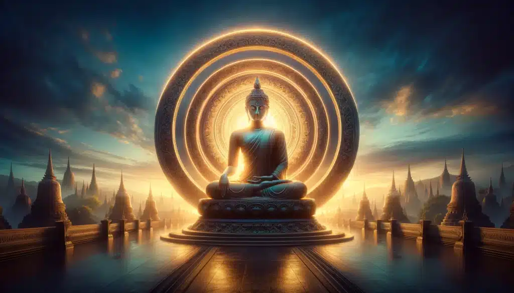 A panoramic image capturing a serene Buddha statue seated in the lotus position, centered within an ornate circular frame that radiates with a golden glow. The background features a mystical skyline dotted with silhouetted stupas under a dramatic dawn or dusk sky, casting a serene blue and orange hue over the scene. The Buddha's calm demeanor and the sacred architecture evoke a sense of spiritual enlightenment and timeless tranquility.