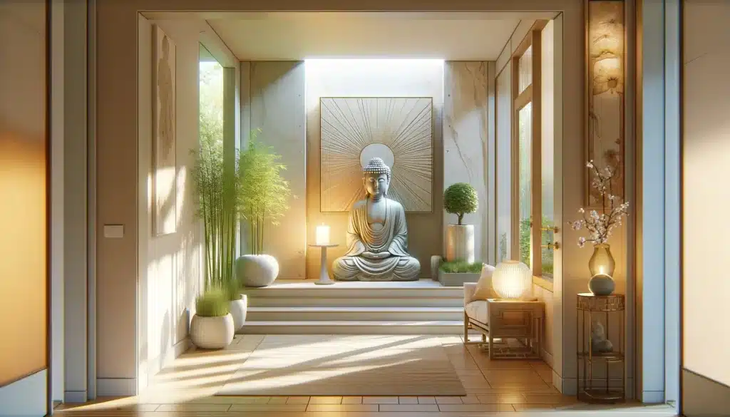 The palette of your entryway sets the emotional tone. Soft, muted colors not only calm the mind but also reflect the Buddha’s connection to the earth and nature. 