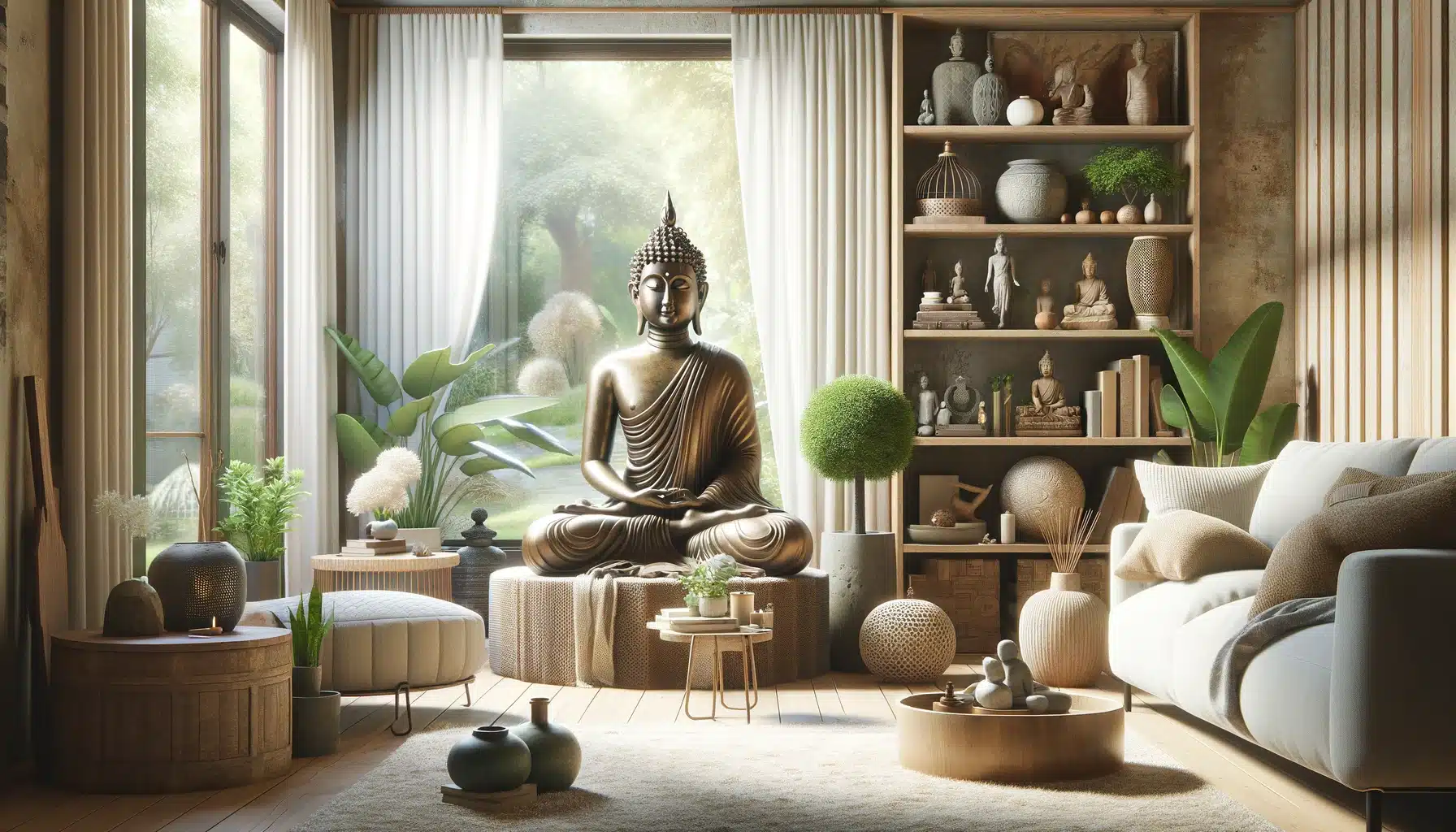 This feature image depicts a serene and harmonious Buddha-themed decor within a cozy, lived-in home environment. At the center, a detailed Buddha statue in meditation pose serves as the focal point, surrounded by natural elements like lush houseplants and soft furnishings. The room is bathed in soft, natural light that filters through the windows, highlighting the tranquil ambiance and the careful integration of spiritual elements into everyday life. Everyday home items are placed thoughtfully around the space, blending seamlessly with the spiritual decor to create a peaceful retreat that reflects the balance and harmony of its inhabitants.