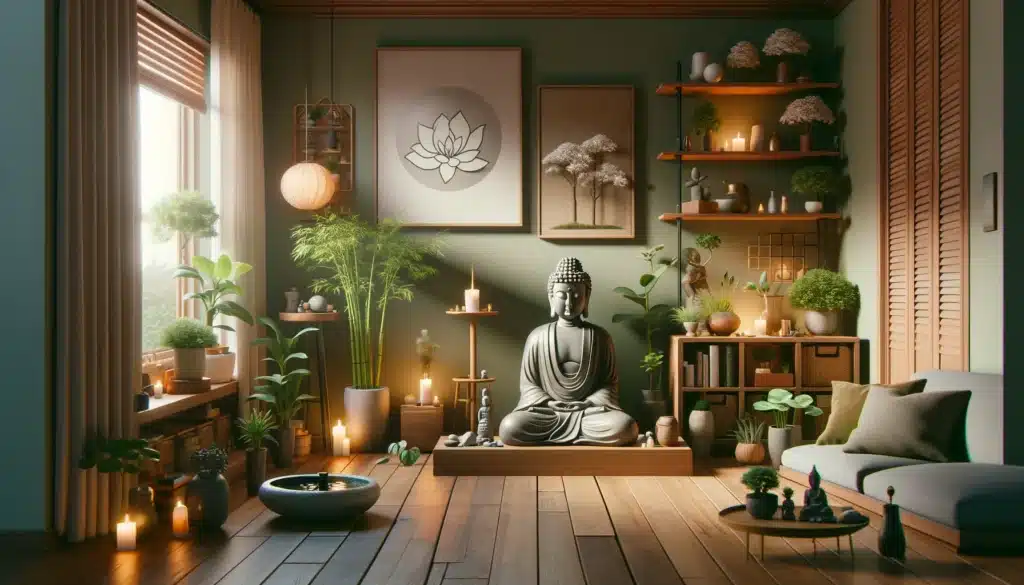 This is an image of a peaceful and serene indoor space designed in a zen style. The room features a large, seated Buddha statue as the centerpiece, positioned on a platform and flanked by shelves filled with various potted plants, bonsai trees, and candles. A wall-mounted shelf holds neatly arranged items, including more plants and a framed picture of a lotus flower. The color palette is earthy, with muted greens, browns, and beiges creating a calming atmosphere. Natural light streams through the window, illuminating the space and highlighting the wooden floor. There are more candles scattered across the floor, and a small bowl-shaped fountain sits in the foreground, contributing to the tranquil ambiance. The room also includes a cozy sitting area with a modern couch and a simple, low-lying coffee table adorned with a few small objects. Overall, the setting evokes a sense of tranquility and mindfulness.