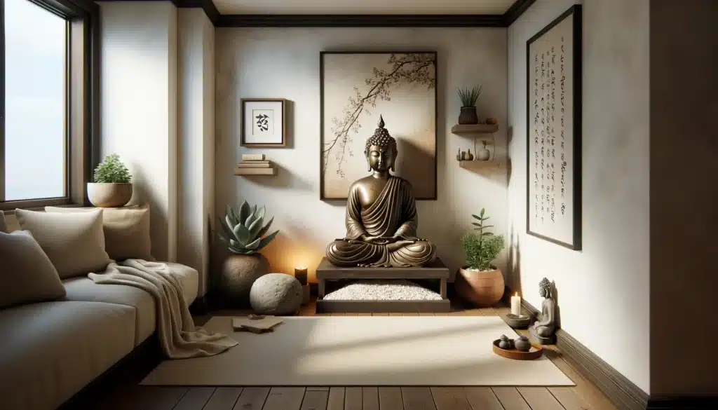 An image depicting a modest and serene Buddha-themed corner in a living room. At the center, a modest-sized Buddha statue is seated gracefully on a simple wooden pedestal. To its side, a minimalistic Zen garden is arranged with a couple of smooth rocks and a sparse layer of sand, embodying tranquility. A resilient succulent plant in a terracotta pot adds a touch of greenery, while a small candle flickers gently, casting a warm glow. The backdrop is adorned with one or two small framed pieces of Buddhist-inspired art or calligraphy, enhancing the space's meditative quality. Soft, natural light fills the area, creating a calm and welcoming atmosphere for reflection and mindfulness. This setup is a practical and understated embodiment of peace.