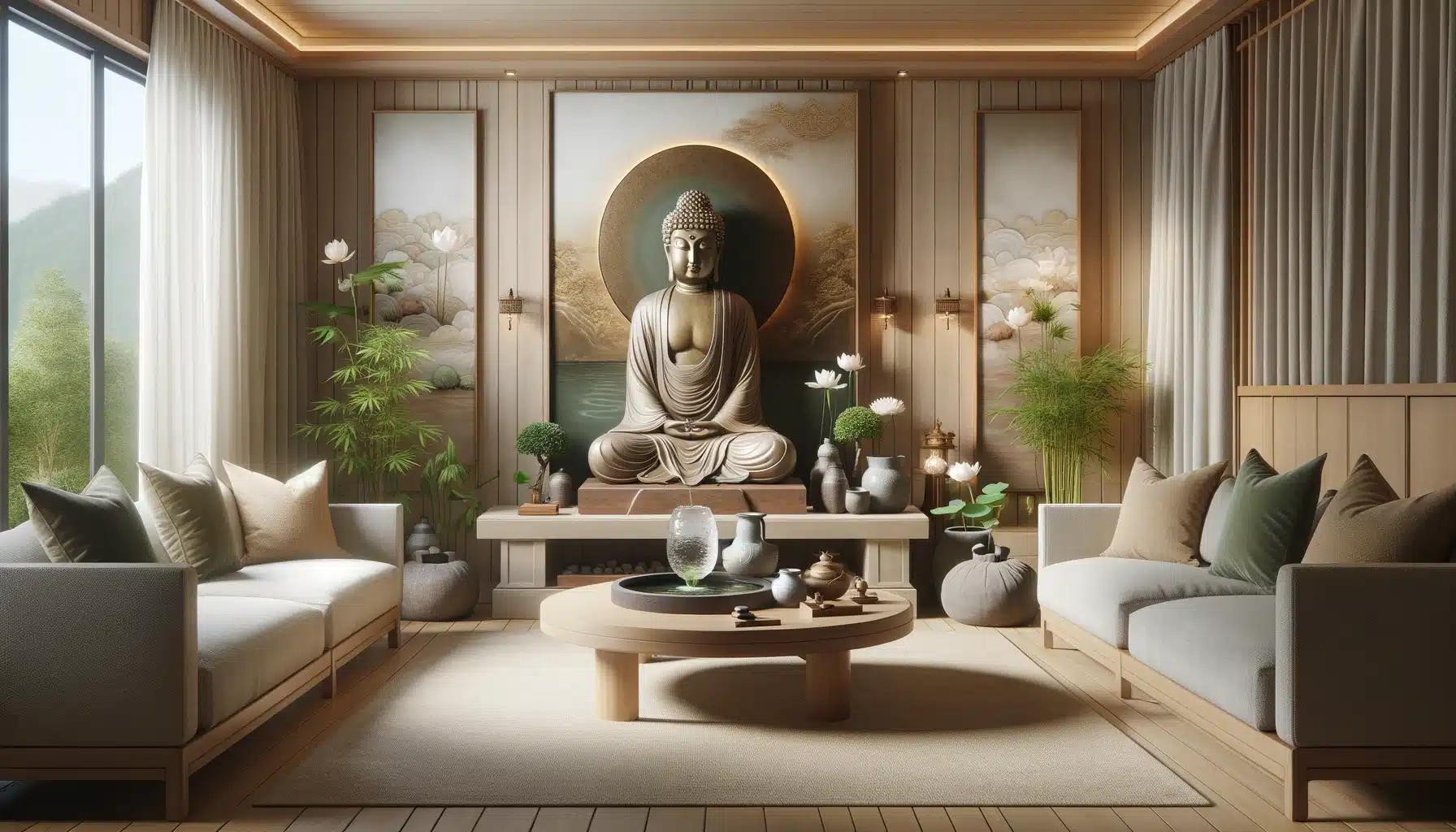 The image depicts a serene and harmonious living room designed with incorporating Buddha themes. It's bathed in soft, natural light, highlighting a large, elegant Buddha statue on a wooden pedestal at the room's heart. The walls are decorated with Zen-inspired artwork, enhancing the space's peaceful aura. Around the room, potted bamboo plants and lotus flowers add a touch of nature. A small water fountain in one corner bubbles gently, contributing to the soothing ambiance. The minimalist furniture, including a low wooden coffee table and floor cushions, offers a place for contemplation or meditation. The room's earthy color scheme, featuring shades of beige, green, and brown, creates a calming atmosphere, inviting relaxation and reflection.