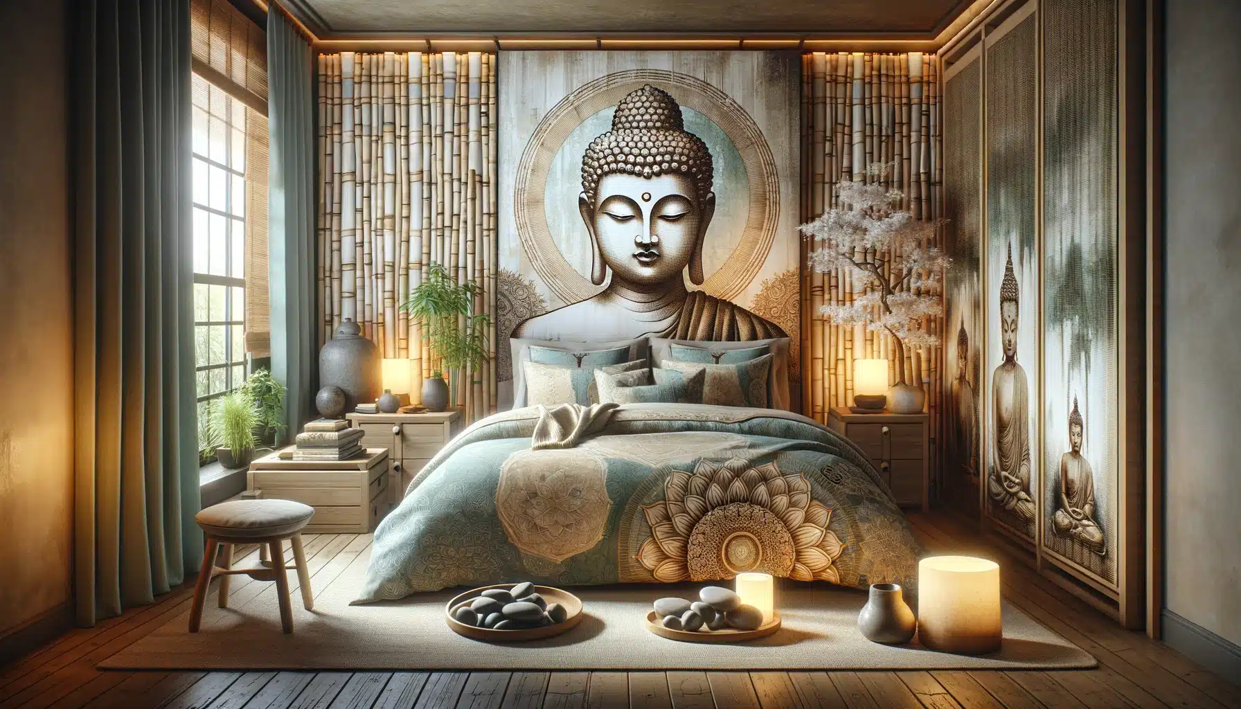 A serene and spacious bedroom designed as a tranquil sanctuary, featuring Buddha bedding. The bed is adorned with a peaceful, stylized depiction of Buddha, surrounded by symbols like the lotus flower, the Bodhi tree, and Dharma wheels. The room embraces a Zen decor aesthetic, with soft, natural lighting, and minimalistic furnishings. Enhancing the peaceful ambiance are accessories such as a small indoor waterfall, bamboo plants, and stone pebbles. The room's color scheme includes earth tones with accents of serene blues and greens, creating a cohesive and calming environment ideal for relaxation and inner peace.