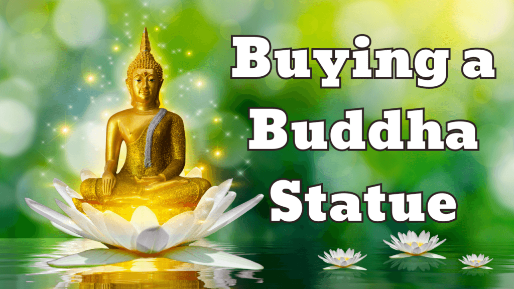 The image depicts a golden Buddha statue seated in a lotus position on a large white lotus flower, symbolizing purity and spiritual awakening. The background is a serene blend of green and yellow hues, creating a peaceful and calming atmosphere. Soft bokeh lights add a glowing, ethereal effect. Surrounding the main Buddha statue are smaller floating lotus flowers on a still body of water, enhancing the tranquil and meditative feel. The text "Buying a Buddha Statue" is prominently displayed in bold, white letters on the right side, making the message clear and attention-grabbing.