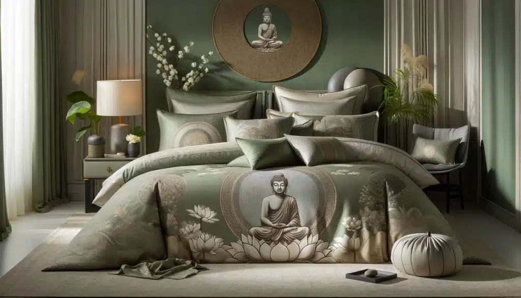 An elegant bedroom featuring a coordinated buddha bedding set with a meditative Buddha motif, in a palette of muted greens and grays, complemented by lush houseplants, a round wall mirror, and soothing lighting, creating a peaceful sanctuary.