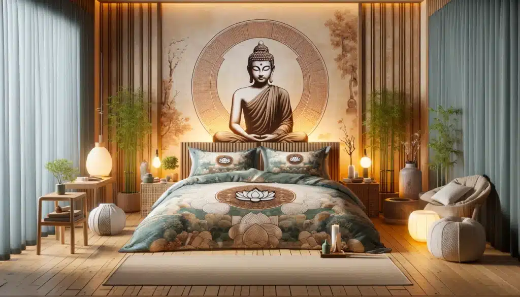 A tranquil and warmly lit bedroom with a Buddha theme, featuring a large circular Buddha headboard, lotus patterned bedding, ambient lighting, and natural wood and bamboo accents creating a restful, Zen-inspired environment.