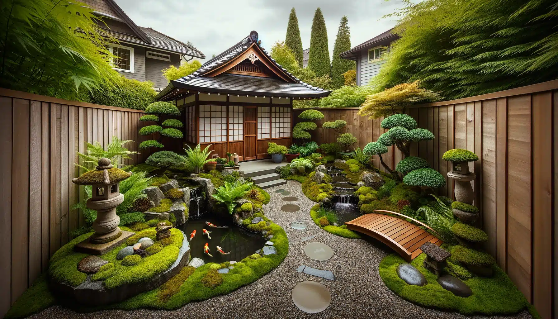 The image depicts a tranquil Japanese-style courtyard garden designed for a suburban American home setting. It showcases a small, clear koi pond centered in the garden, over which stretches a quaint wooden bridge. Around the pond, an assortment of bonsai trees are carefully arranged, adding a miniature, yet mature landscape element to the scene. A classic stone lantern stands near the path, offering a touch of elegance and tradition. The gravel path meanders through the garden, inviting visitors to explore and enjoy the serene environment. Moss and ferns are sprinkled throughout, enhancing the lushness and greenery of the space. The garden is enclosed by a low, unobtrusive wooden fence, integrating the garden seamlessly into the suburban surroundings. This setup offers a peaceful retreat, blending the beauty of Japanese garden aesthetics with the familiar comfort of suburban life.