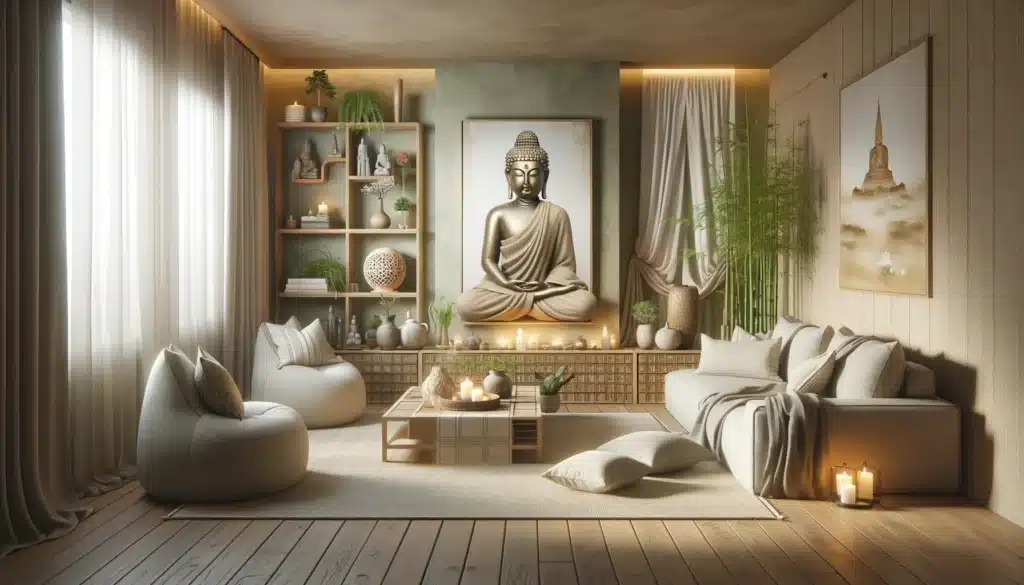 A serene and tranquil interior design of a living room that is incorporating Buddha themes. the space is filled with natural light has a neutral color palett