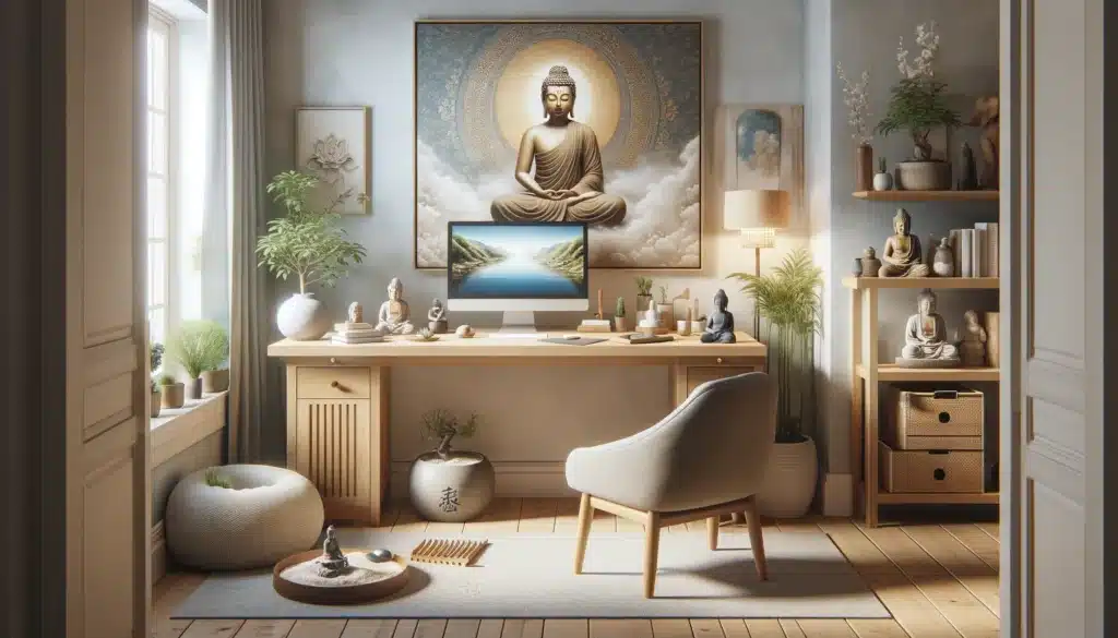 A cozy and inviting home office space that is incorporating buddha themes promoting peace and joy. the room is bathed in soft natural light. 