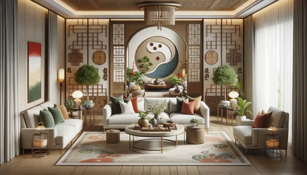 A beautifully balanced living room that embodies the principles of feng shui harmonizing the space for optimal flow of energy chi. 