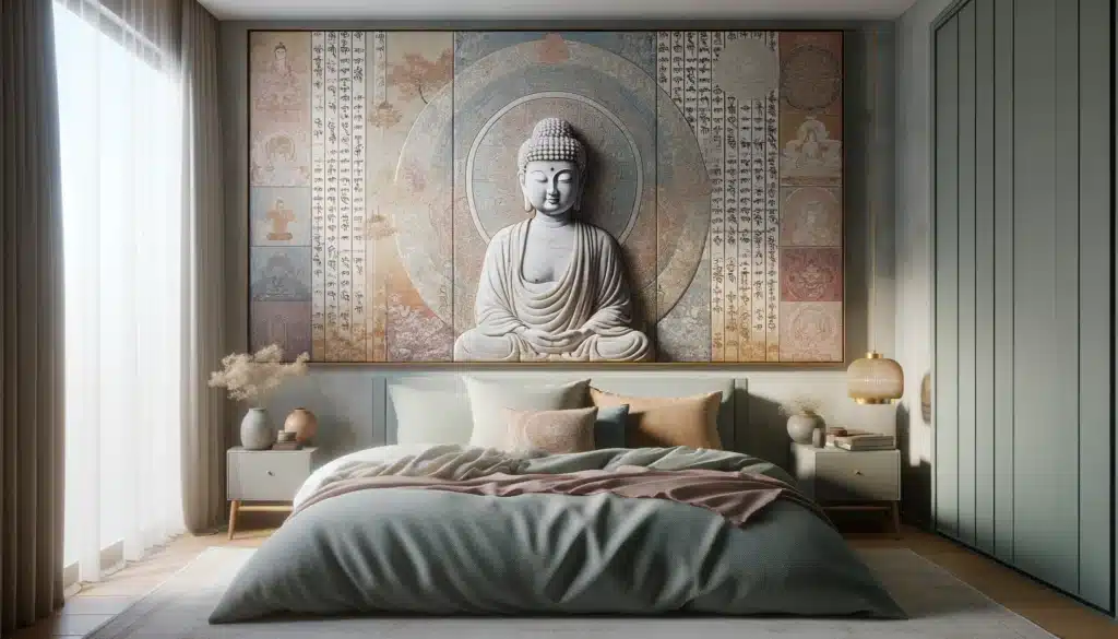 A bedroom scene featuring a buddha wall hanging with a scripture design created in a landscape orientation and filled with lots of subtle colors. 
