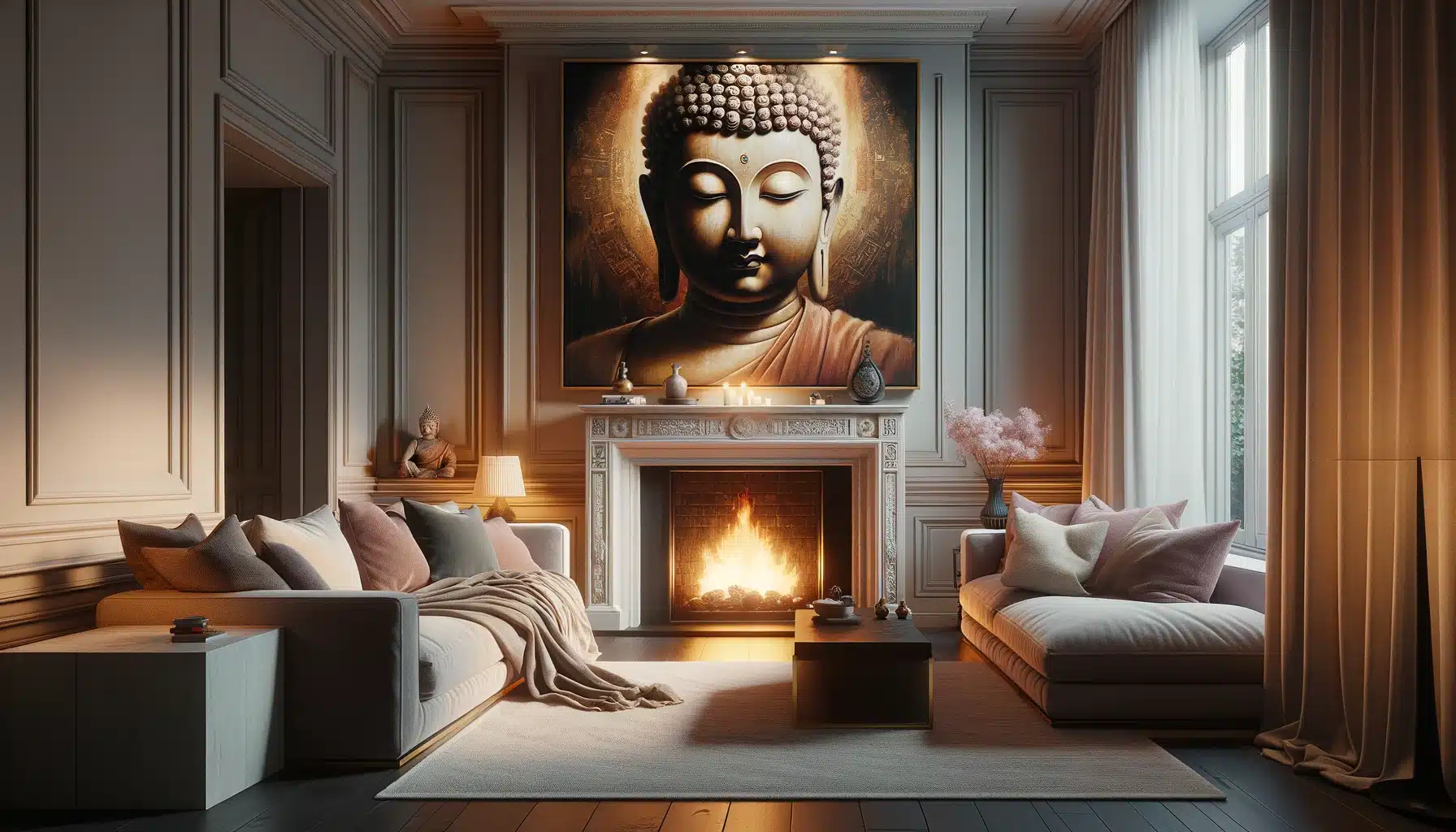 A comfortable living room with a singular focus on a large, beautifully rendered buddha painting hanging above the mantelpiece