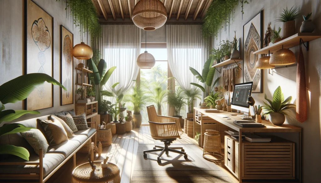 dall·e 2024 03 16 05.02.38 a more realistic home office inspired by bali with a focus on practicality while still capturing the essence of bali. the space features moderate use