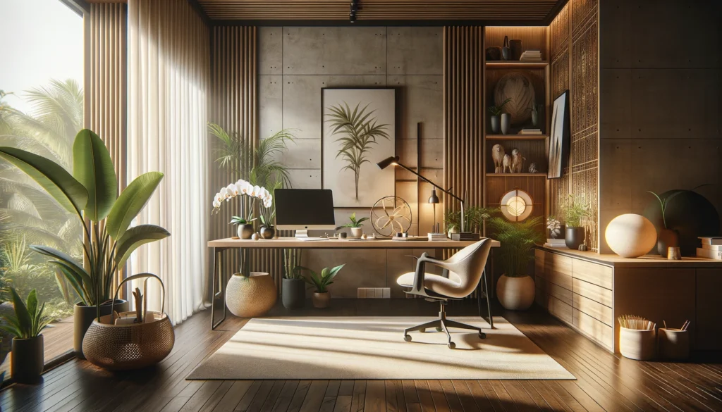 A Bali inspired home office by focusing more on realism and minimizing plant life. 