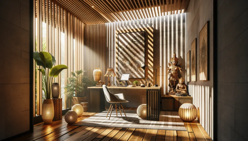 A Bali inspired home office scene with a focus on dynamic and inspirational lighting. 