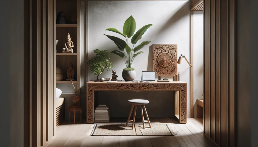 A touch of Bali into the minimalist home office with less foliage by incorporating traditional Balinese furniture into the design. 