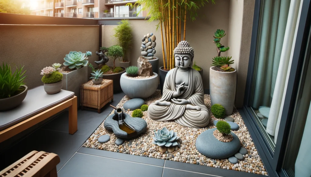 A zen garden nook on a balcony patio or small garden featuring a stone Buddha statue in a meditative or reclining posture as the focal point. 