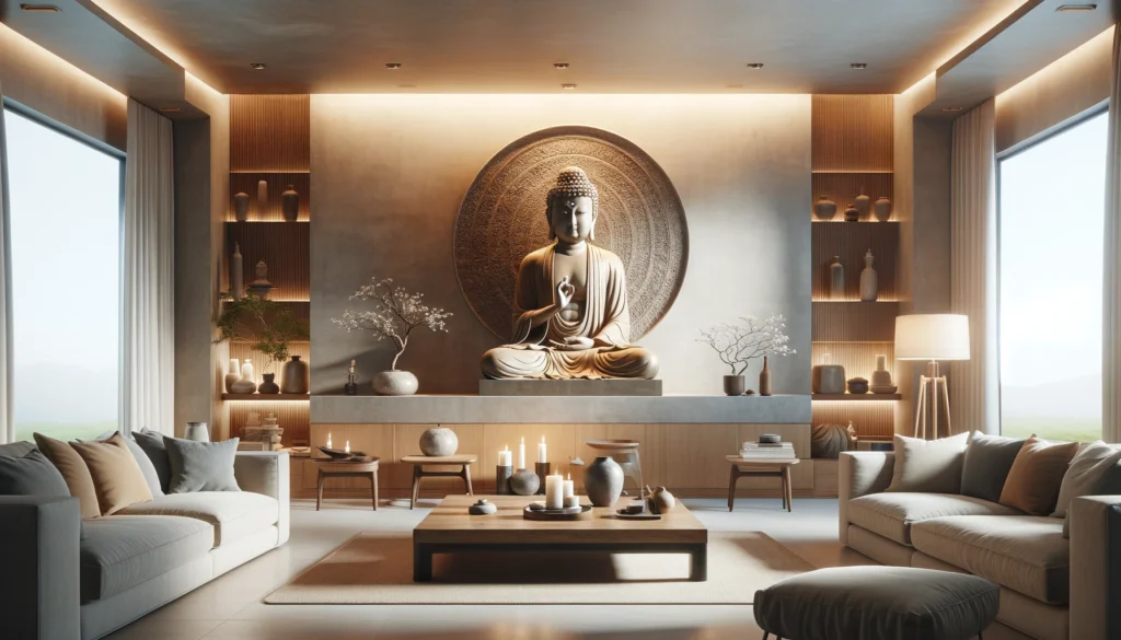 A spacious living room with a large Buddha statue serving as the centerpiece positioned on a pedestal. The statue is in the dhyana mudra.