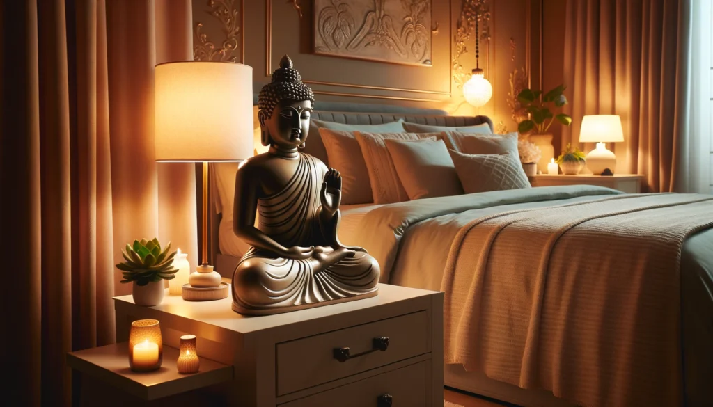 A serene bedroom setting featuring a Buddha statue placed on a bedside table or dresser facing the bed. The statue is in a calming pose.