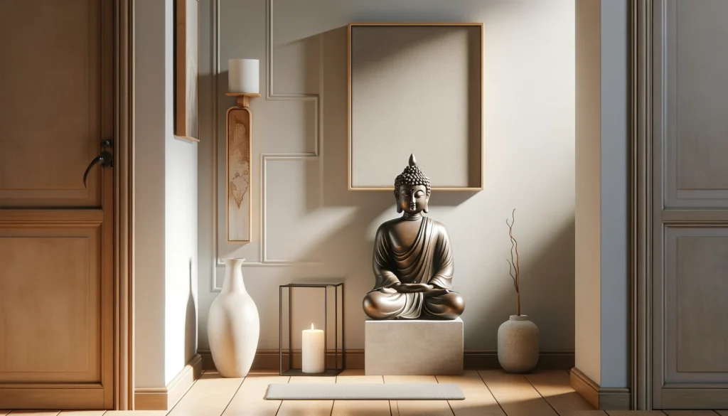 A peaceful hallway or corner of the home featuring a small Buddha statue placed on a pedestal or a wall mounted shelf. The statue is in a serene pose.