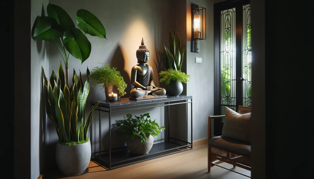 A serene entryway featuring a buddha statue on a console table enhanced by low light plants like snake plants or ferns. 