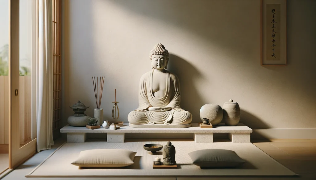 A simplified personal altar in a quiet corner of the home featuring a buddha statue as the centerpiece.