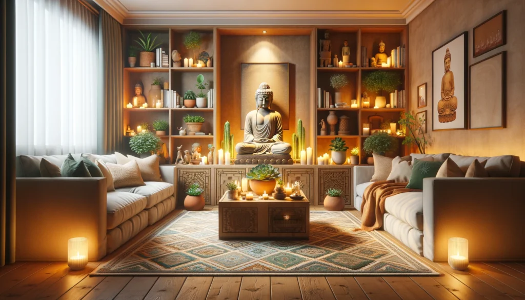 Buddha Themed Living Room situated in a typical home. the centerpiece is a modestly sized Buddha statue