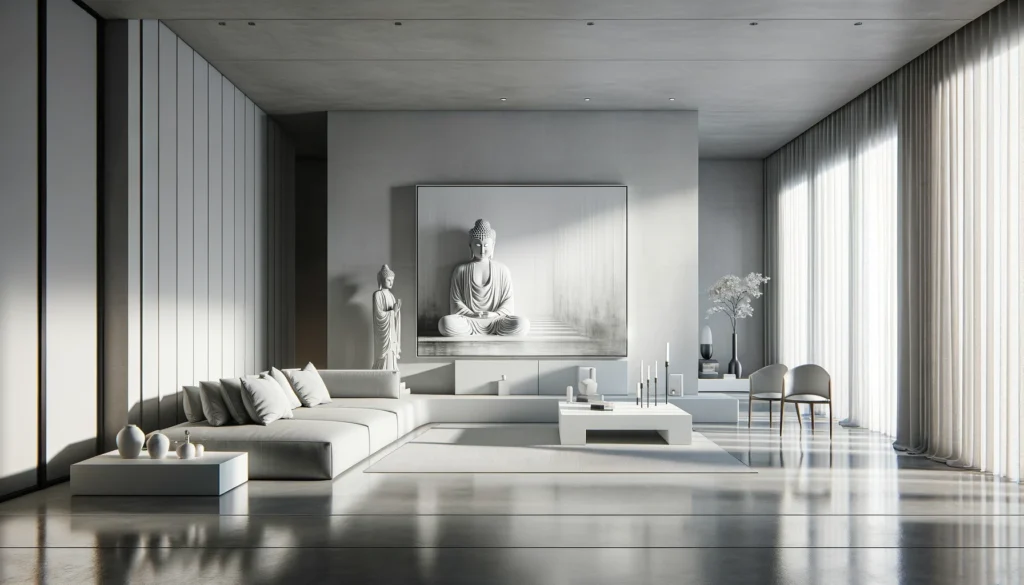 A Buddha Themed Living Room that subtly incorporates buddha statues and artwork.