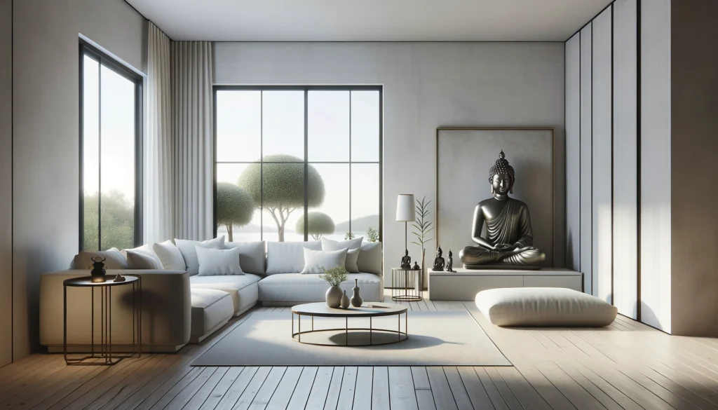A minimalist and functional living room design with a smaller Buddha statue as the central theme. the room showcases clean lines and uncluttered surfaces.