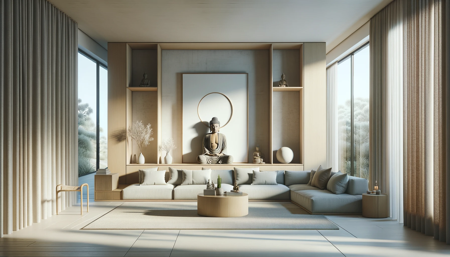 A minimalist and functional Buddha Themed Living Room, with a clean inviting look.