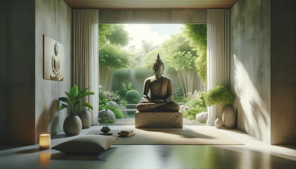 A serene indoor meditation room featuring a Buddha statue placed on a pedestal facing east towards a window that lets in the morning light. 