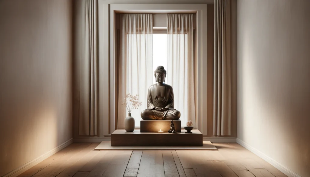 A serene and modestly sized Buddha statue placed within a peaceful corner of a living room showcased on a lower wooden pedestal. 