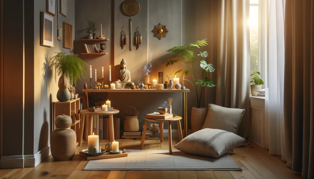 A cozy well lit corner of a modern living room transformed into a Spiritual Altar in Your Home.