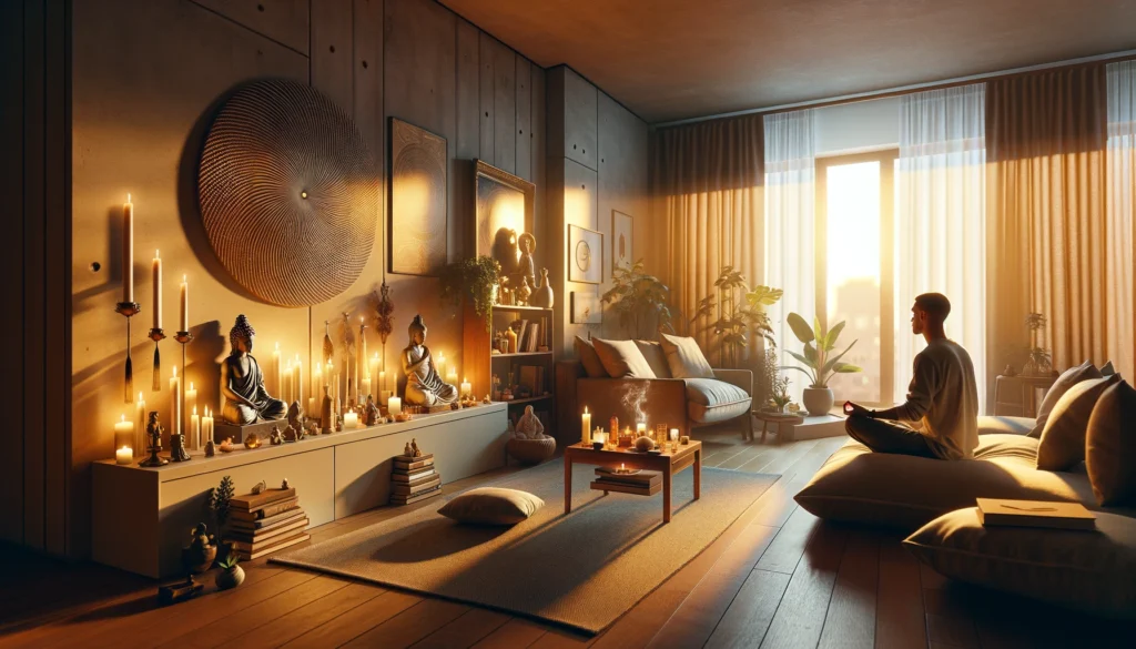 A modern living room at dawn bathed in the soft golden light of the early morning. the scene features a personal spiritual altar in your home.