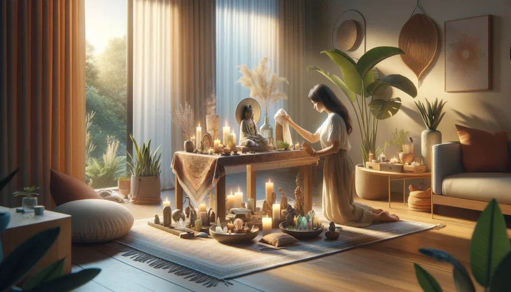 A scene depicting a woman carefully maintaining her spiritual altar at home set in landscape orientation. the altar is placed in a serene corner of a room.