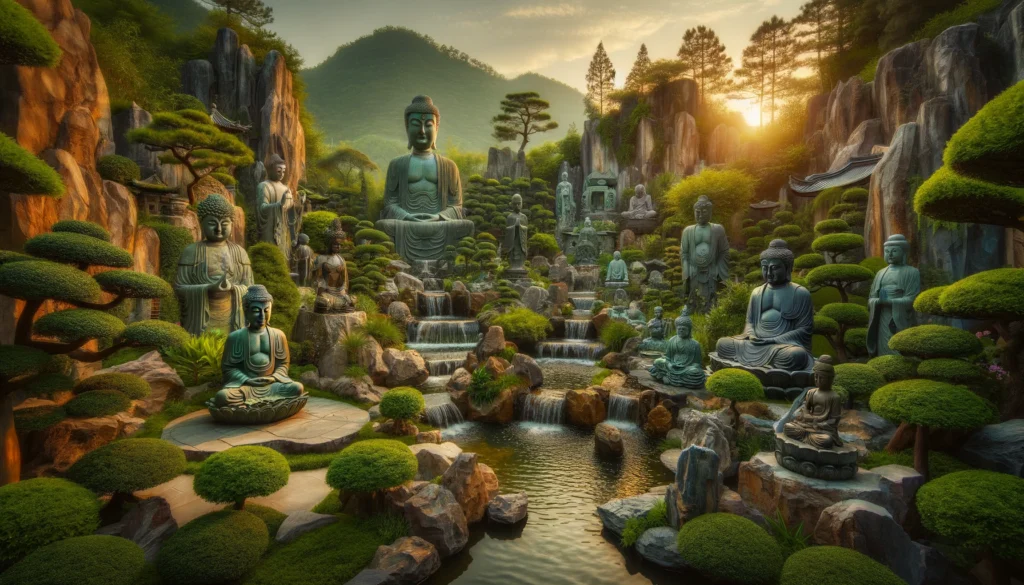 A peaceful landscape garden setting carefully designed with various Buddha statues as focal points. Discovering The Best Buddha Statue For Home Accents