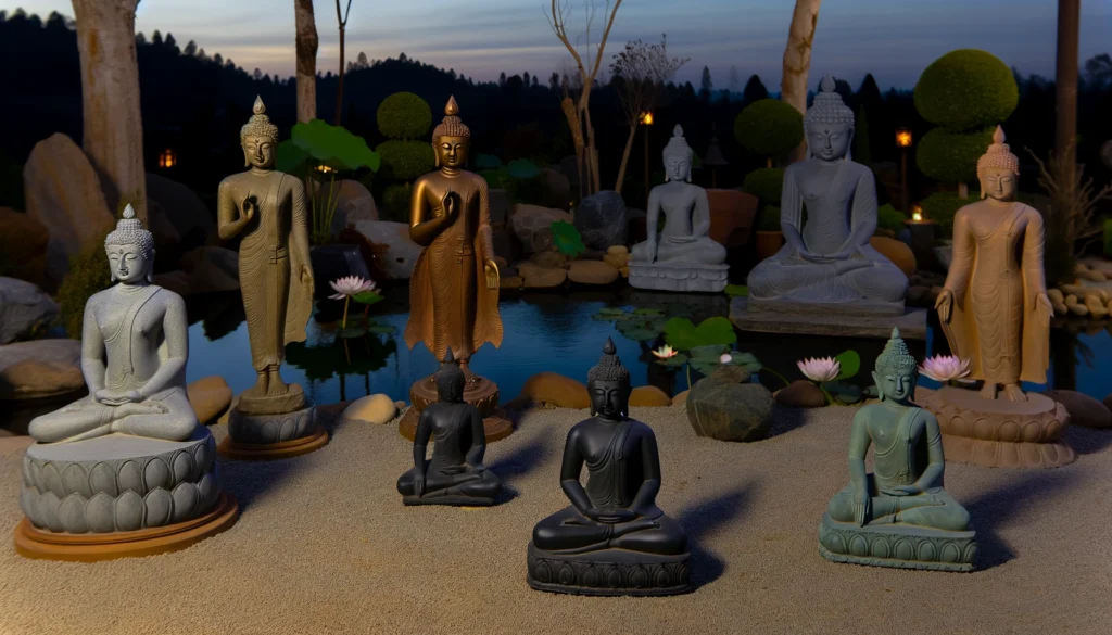 dall·e 2024 03 29 07.16.42 in this tranquil landscape scene we focus on an assortment of buddha statues each depicting different poses or mudras symbolizing various aspects o