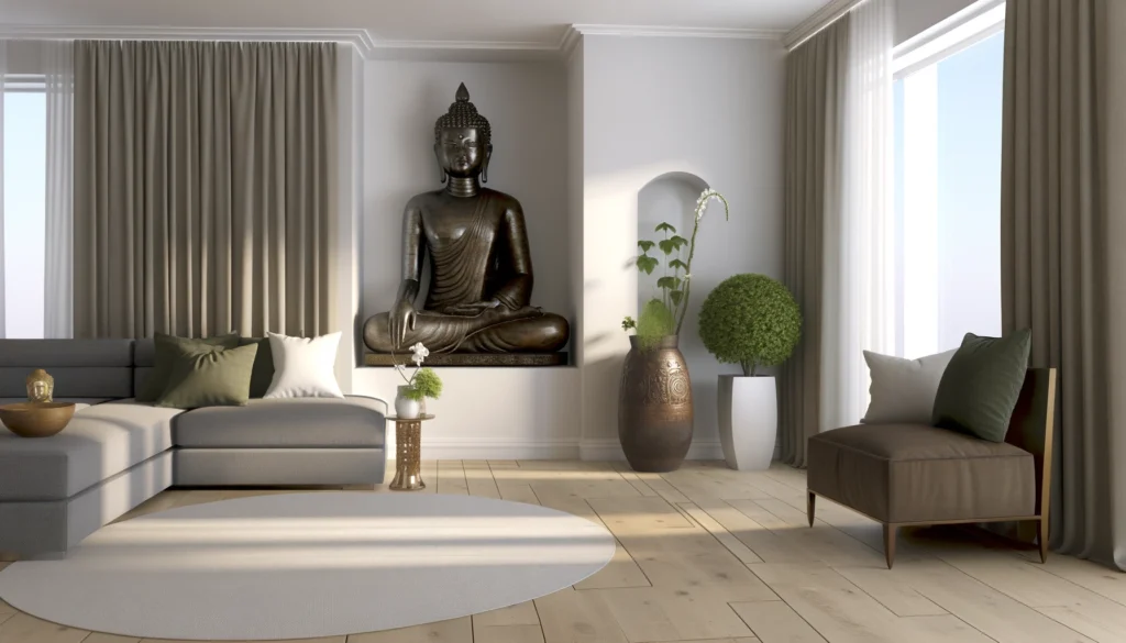 An elegant and contemporary living room designed with harmony and balance in mind featuring a large buddha statue placed in a strategic location.