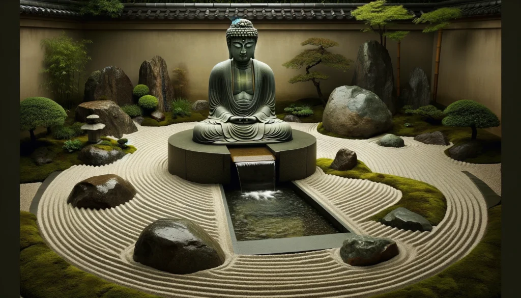  zen garden that incorporates a Buddha garden fountain as a focal point designed to blend harmoniously with the surrounding elements.