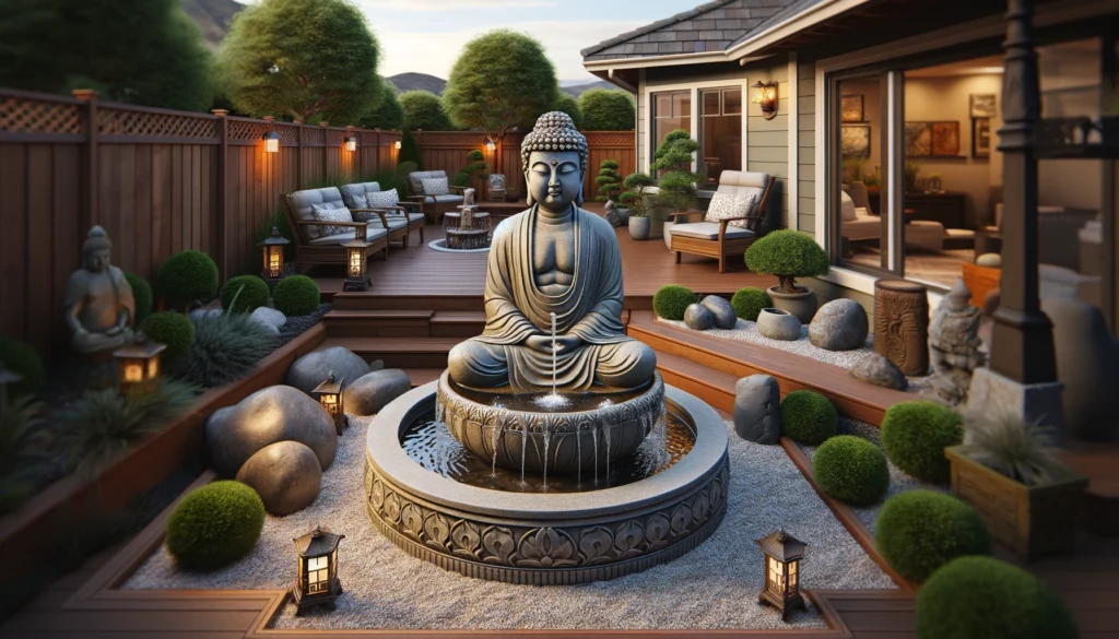 A wide angle landscape view of a realistic store bought Buddha garden fountain designed for suburban backyard zen gardens. 