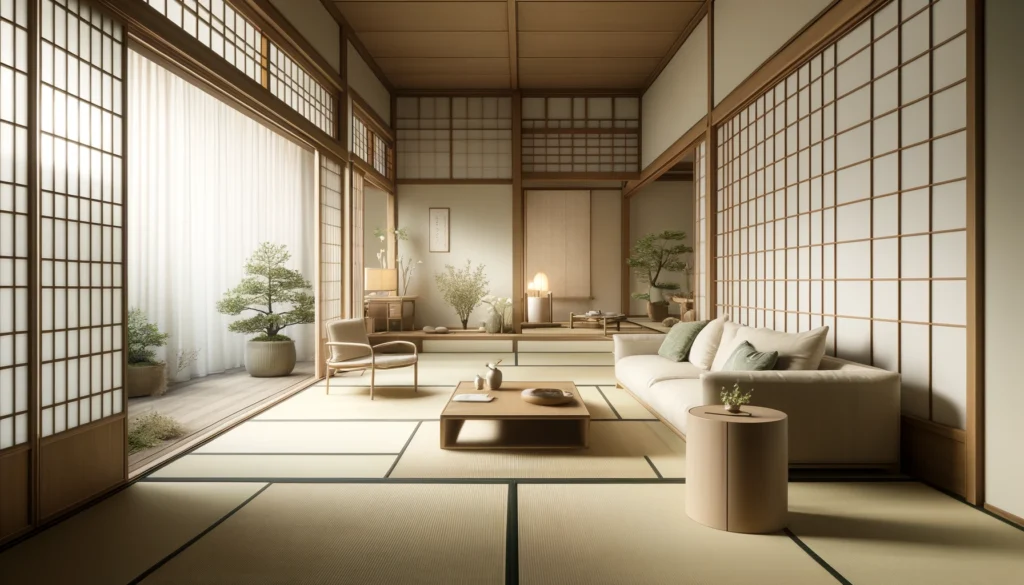 A serene and spacious living room that blends traditional asian elements with modern aesthetics. the room features tatami mats on the floor. Modern Asian Interior Design: A Fusion of Tradition and Innovation
