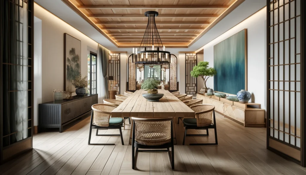An elegant dining area featuring a long wooden table made from reclaimed wood surrounded by chairs woven from natural fibers. Modern Asian Interior Design