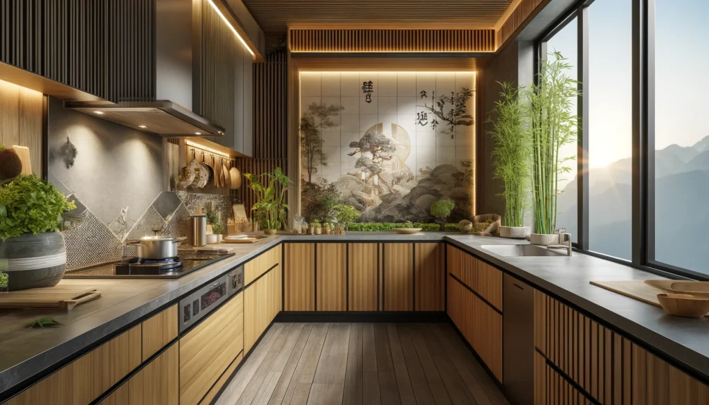 A modern asian kitchen that strikes a perfect balance between sleek modern appliances and the warmth of natural materials like wood and bamboo. 