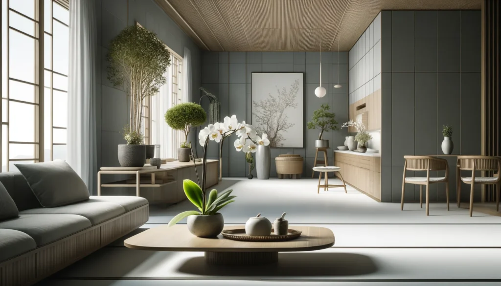 A refined artistic representation focusing on the subtle integration of plants in modern asian interiors with less emphasis on greenery. Modern Asian Interior Design: A Fusion of Tradition and Innovation