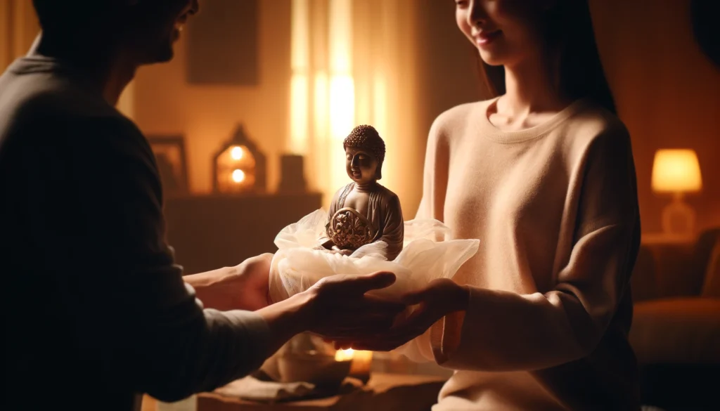 A heartwarming scene of a person presenting a Buddha statue as a gift. the setting is indoors within a warmly lit room. Is it a Good Idea to Gift Someone Buddha Home Decor?