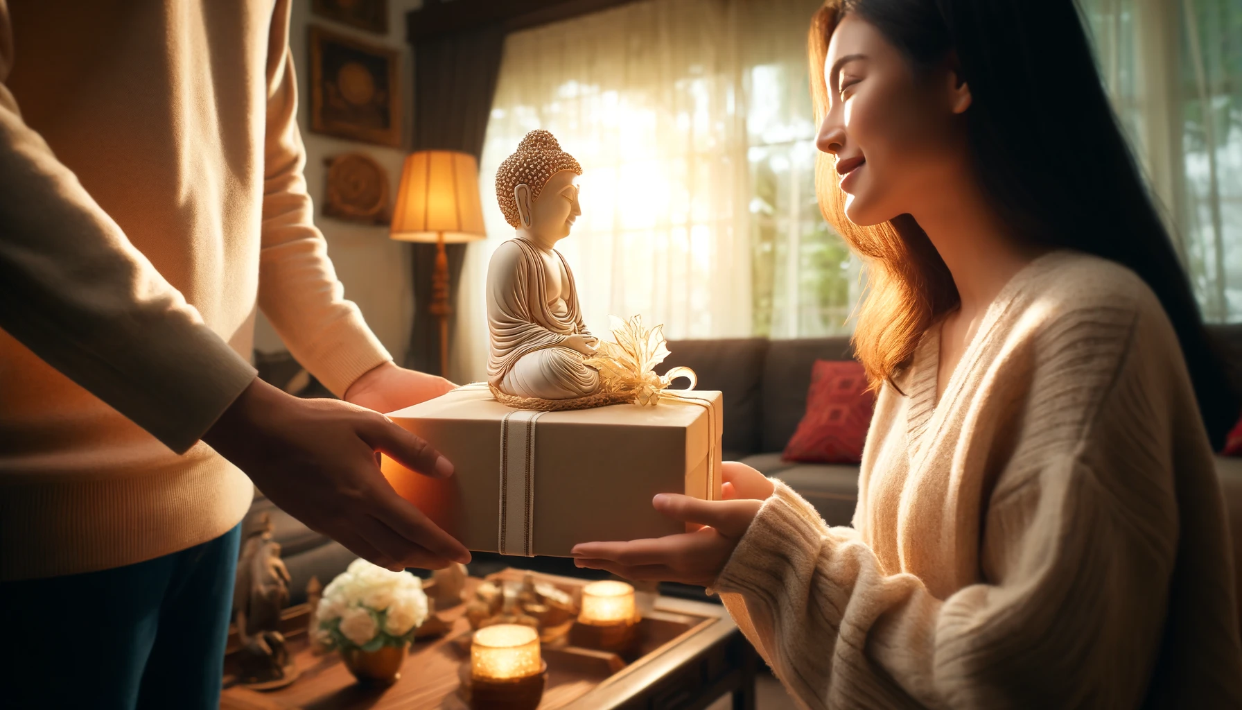 A warm and touching scene of someone gifting a buddha home decor item to someone else set in a cozy living space. the giver is handing over a beautiful present.