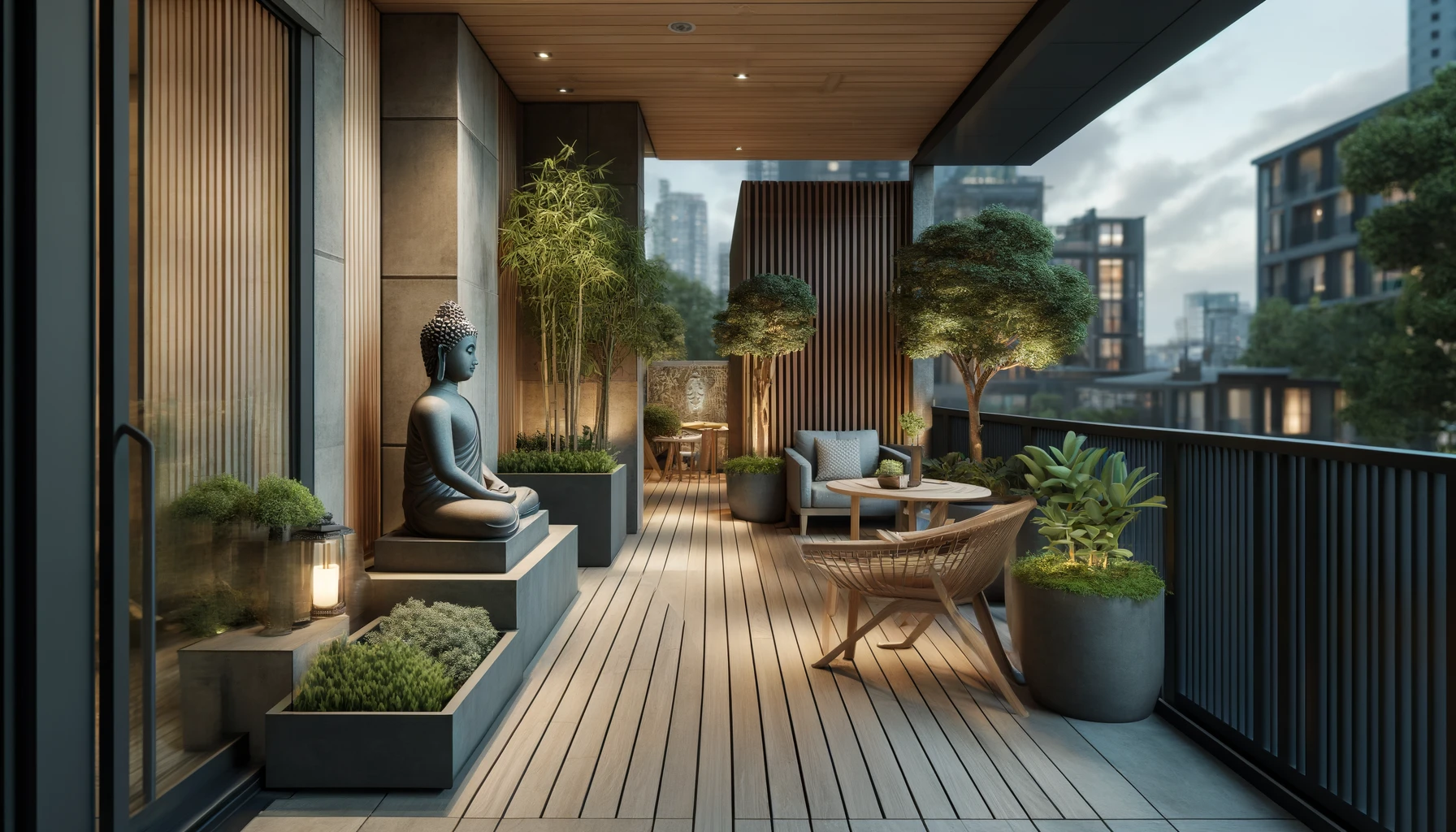 A modern urban balcony with natural wood and concrete textures, featuring a smaller, more subtle slate gray Buddha statue in the center. This balcony is adorned with contemporary planters filled with lush greenery such as bamboo and small trees, creating a serene atmosphere. The setting includes stylish outdoor furniture like a minimalist bench and chairs with soft cushions. Ambient lighting and a small water feature complement the tranquil urban environment, with a city skyline in the background.